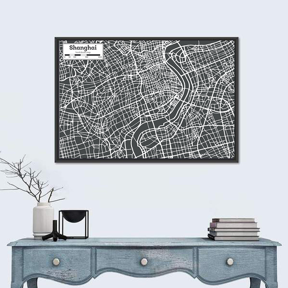 Shanghai Street Grid Map Wall Art in a room, landscape