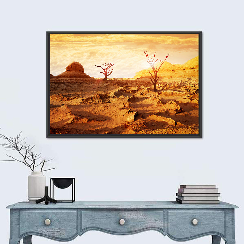 Skeletal Trees in Golden Desert Wall Art