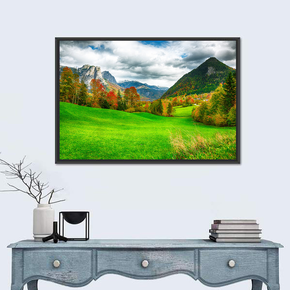Austrian Alpine Meadow in Autumn Wall Art in a room, landscape