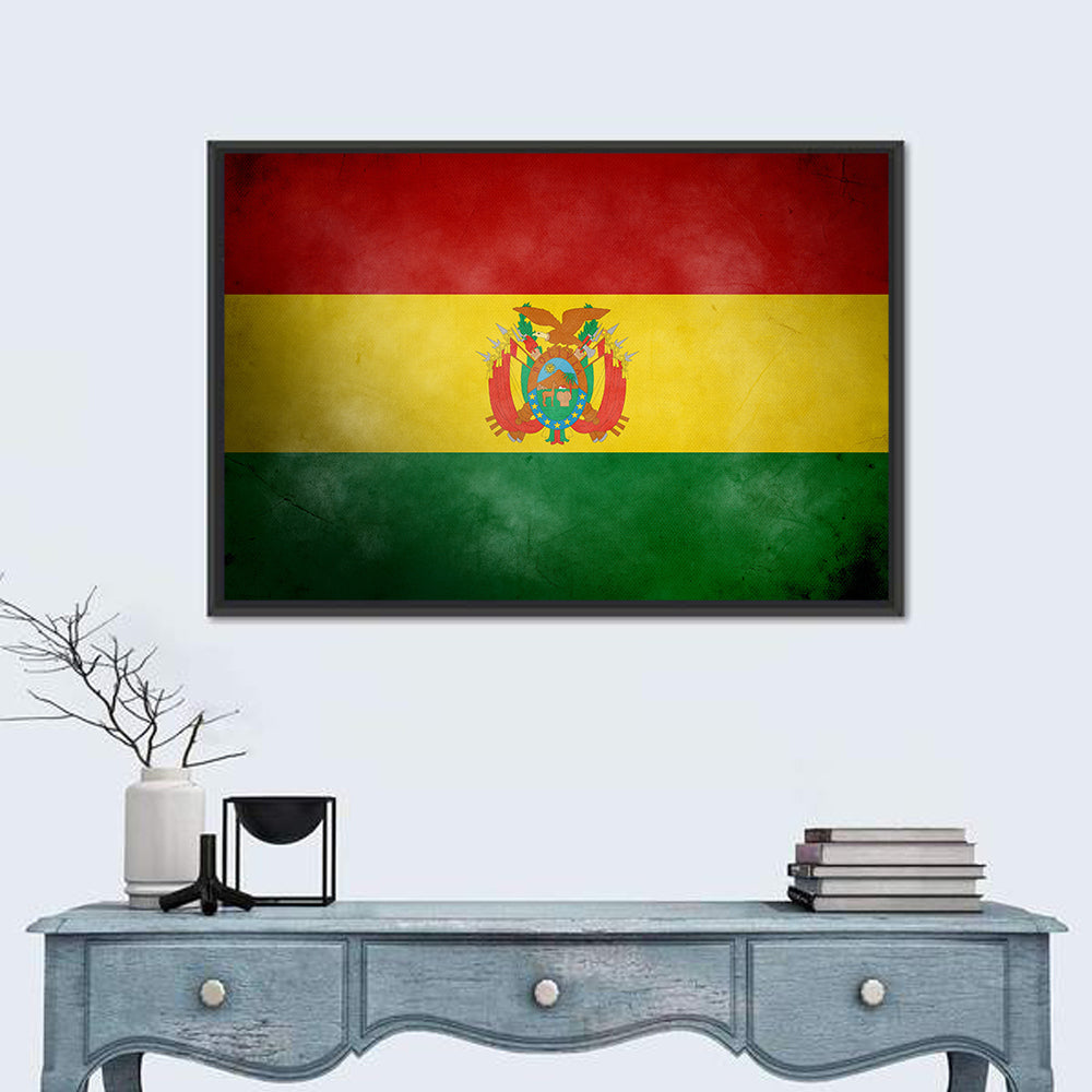 Vintage Bolivian Flag with Coat of Arms Wall Art in a room, landscape