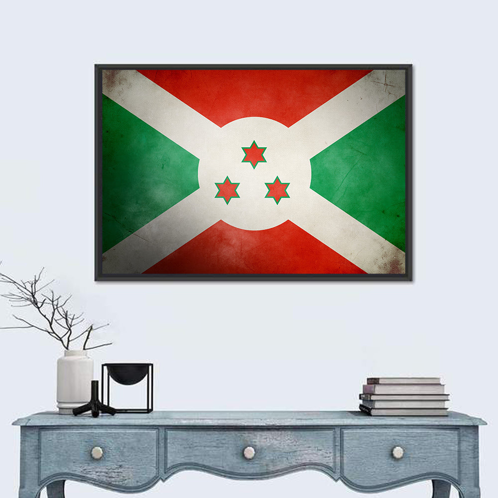 Vintage Burundi Flag Wall Art in a room, landscape