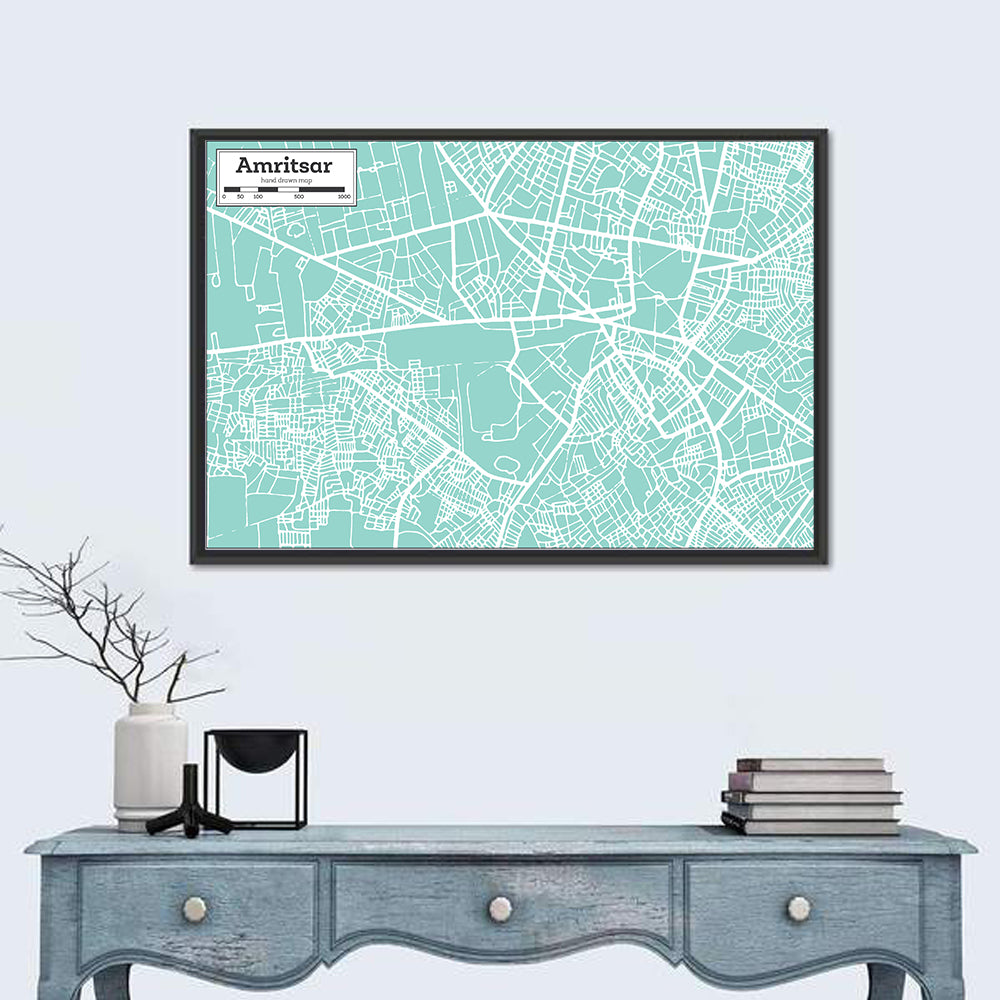 Amritsar Teal City Map Wall Art in a room, landscape