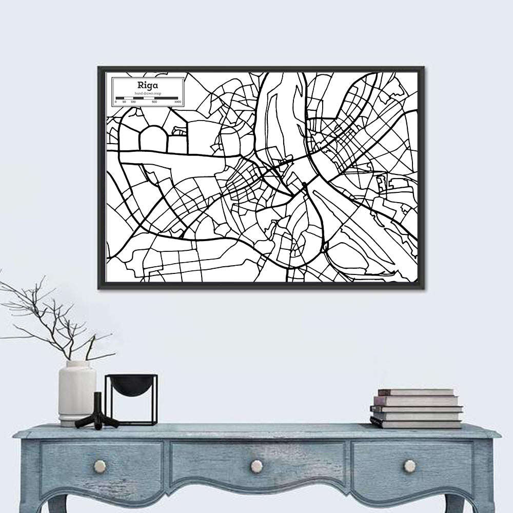 Riga City Map Wall Art in a room, landscape