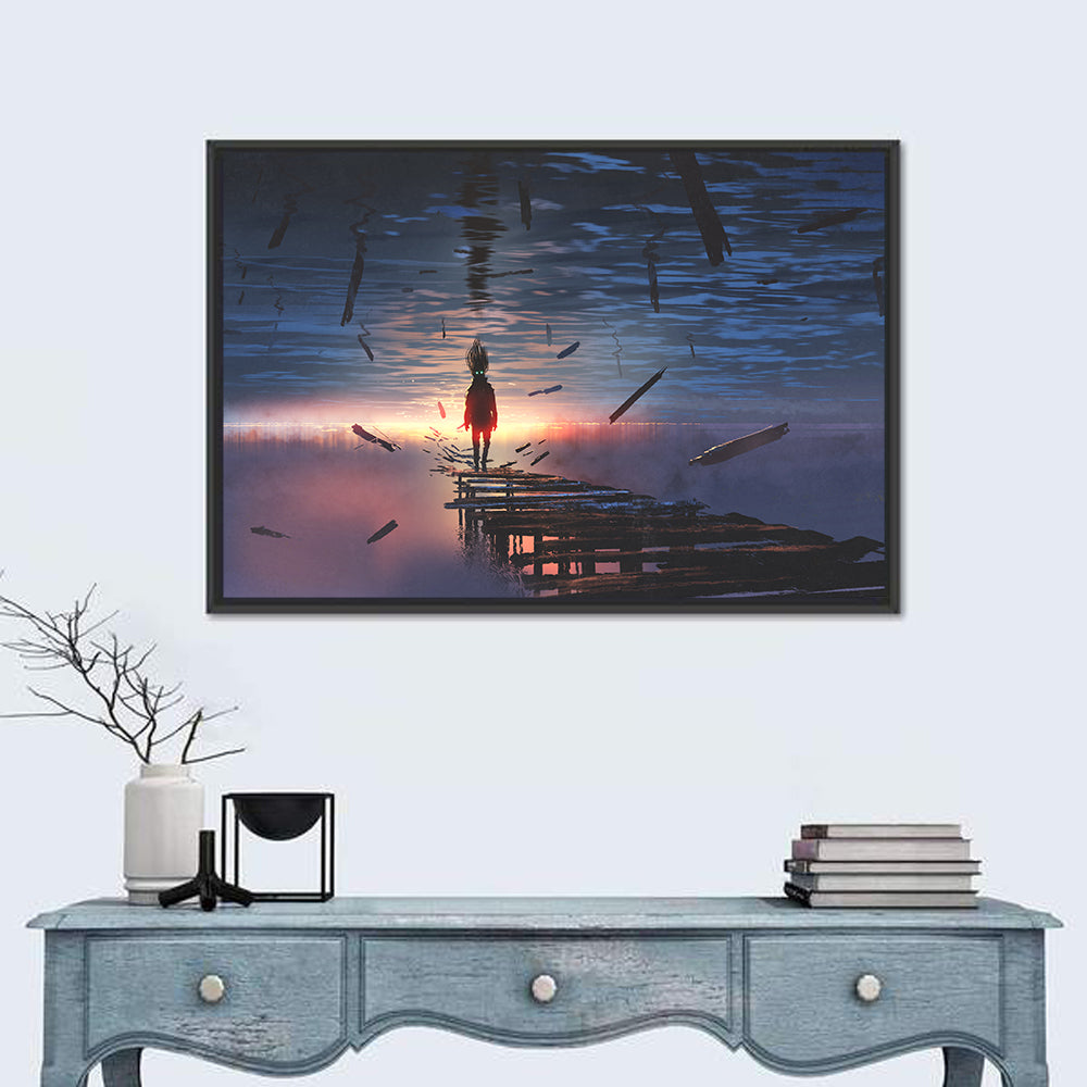 Surreal Sunset Over Mirrored Lake Wall Art in a room, landscape