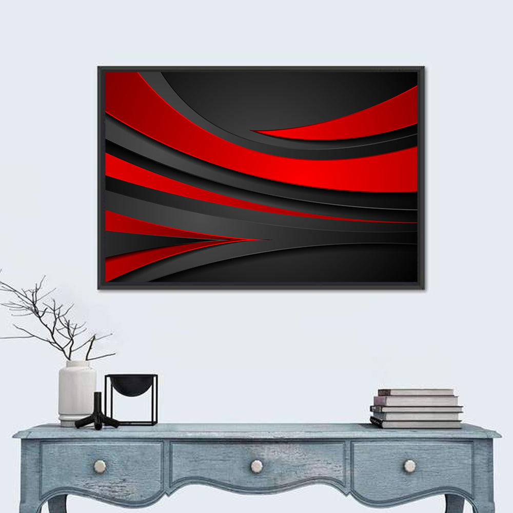 Layered Wavy Forms in Red and Black Wall Art in a room, landscape