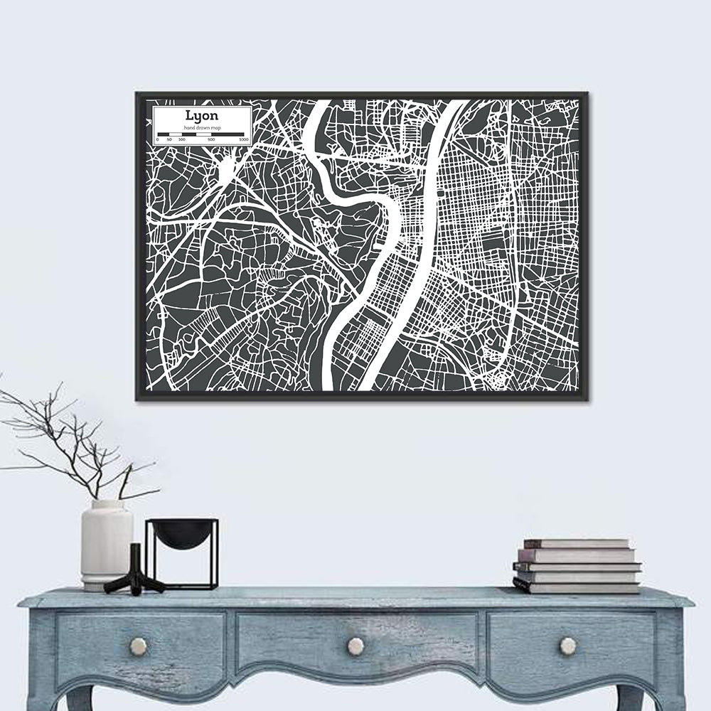 Lyon Aerial City Map Wall Art in a room, landscape
