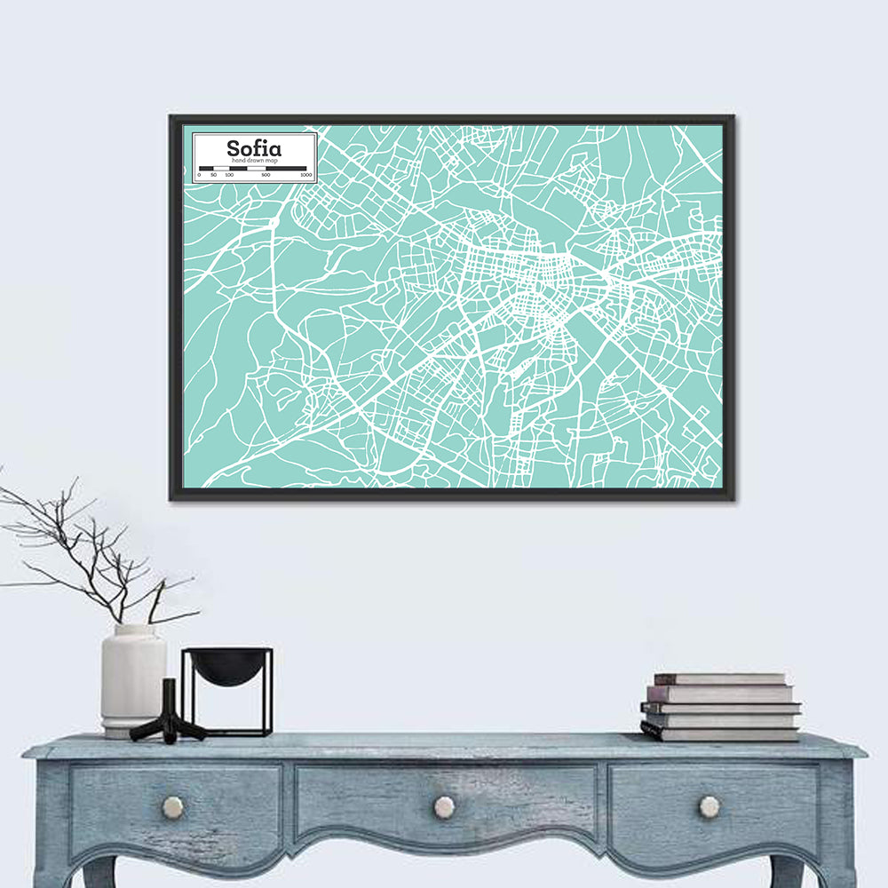 Sofia Teal City Map Wall Art in a room, landscape