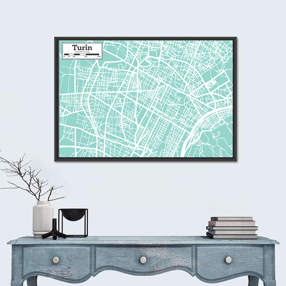 Turin Teal City Map Wall Art in a room, landscape