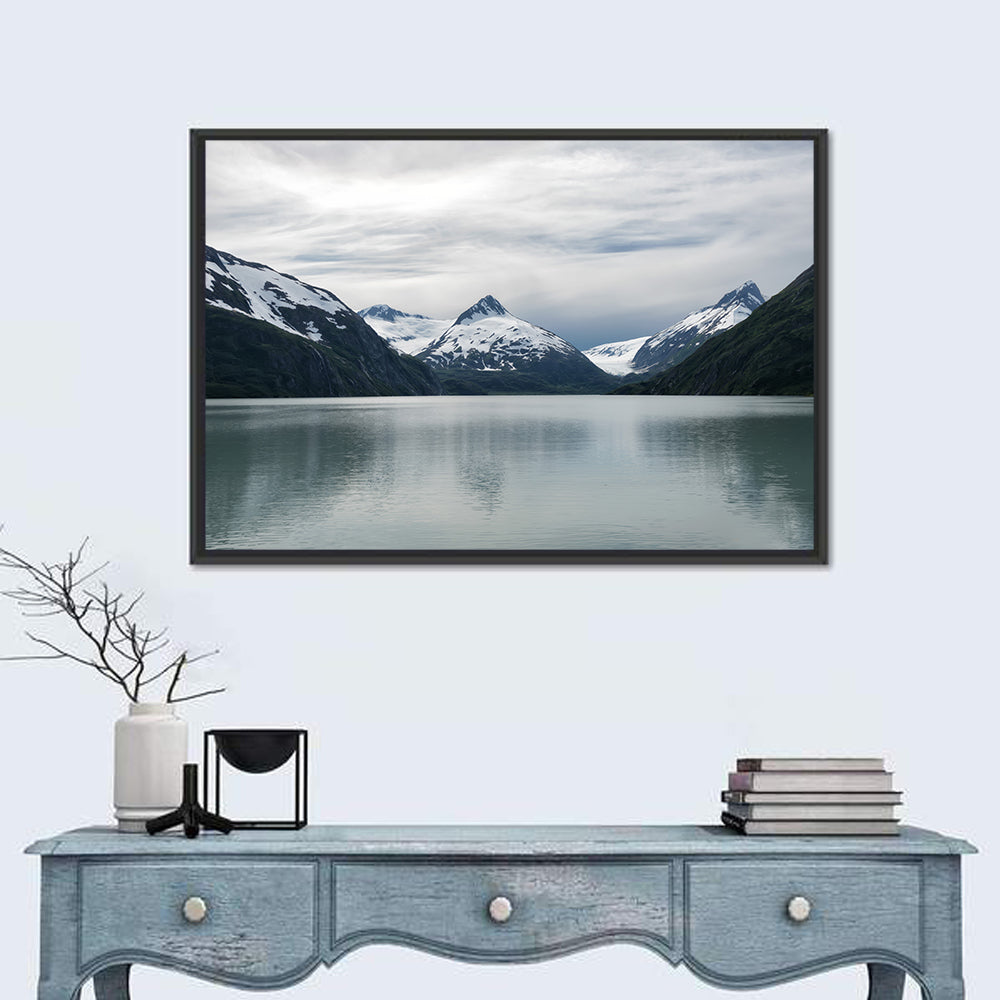 Glacial Mountain Lake Reflection Wall Art in a room, landscape