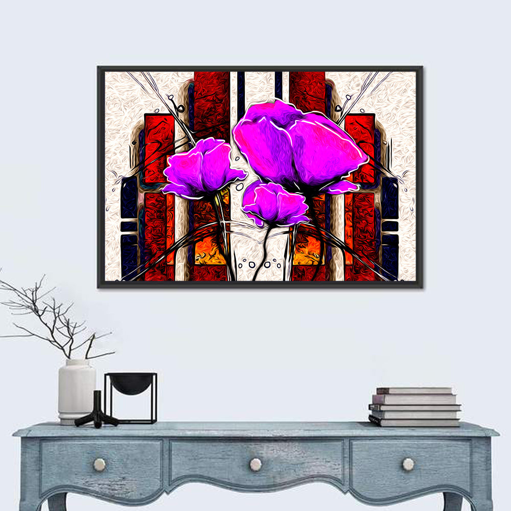 Purple Poppies Illustration Wall Art in a room, landscape