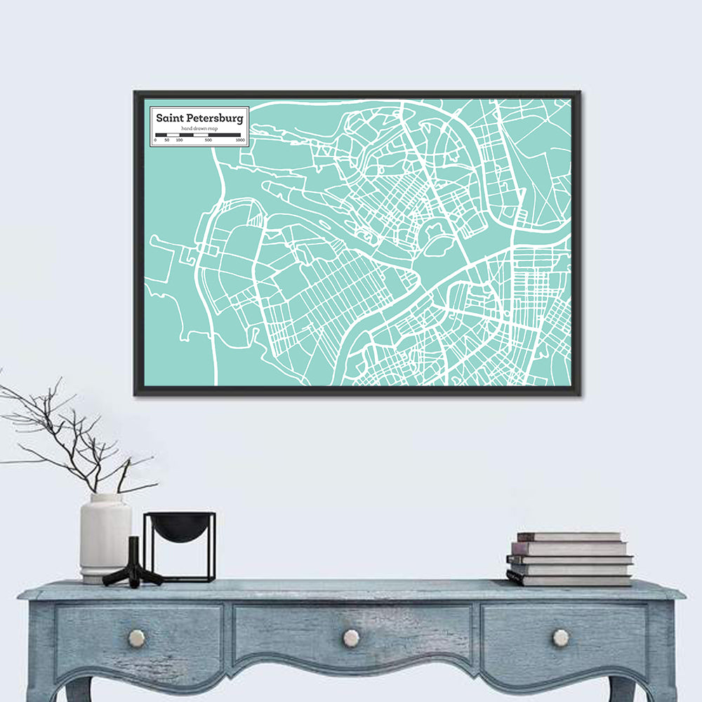 Saint Petersburg Teal City Map Wall Art in a room, landscape