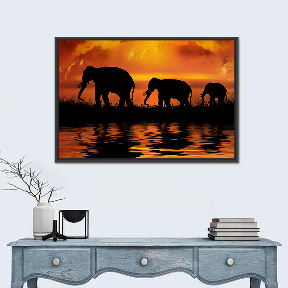 Elephants at Sunset Wall Art in a room, landscape
