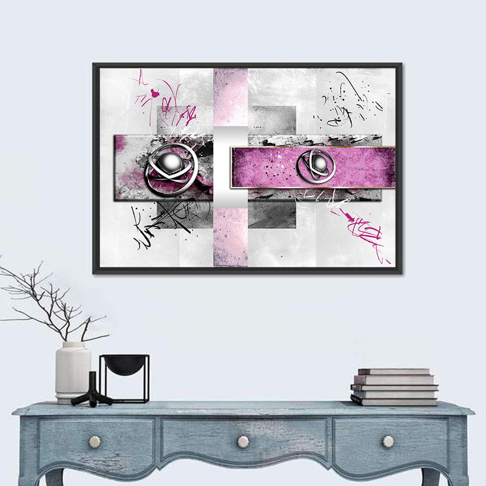 Magenta Orbital Spheres Wall Art in a room, landscape