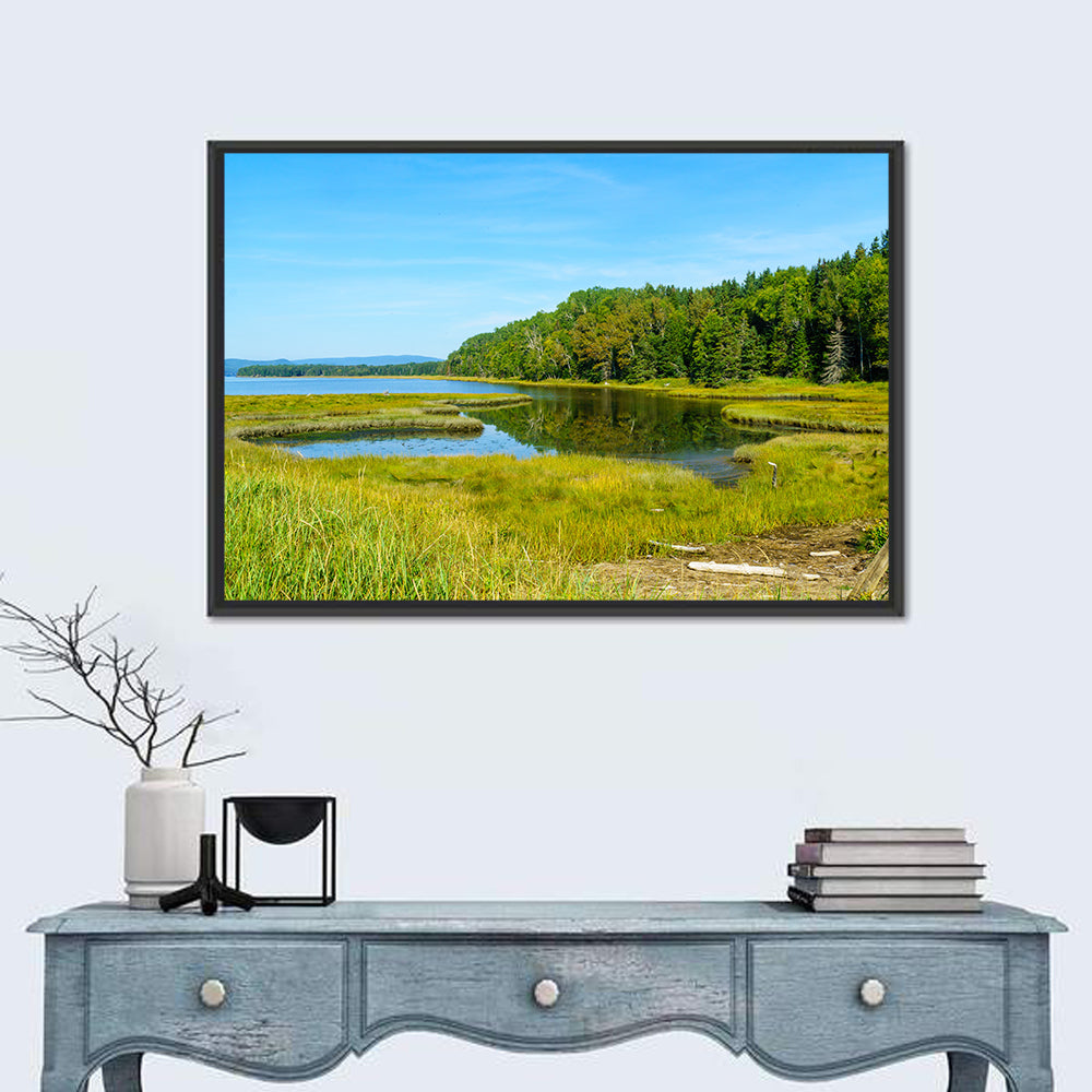 Forillon Lake and Meadow, Quebec Wall Art in a room, landscape