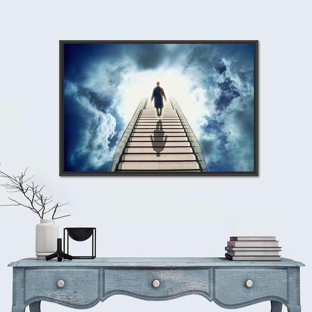 Man Ascending Toward Light Wall Art in a room, landscape
