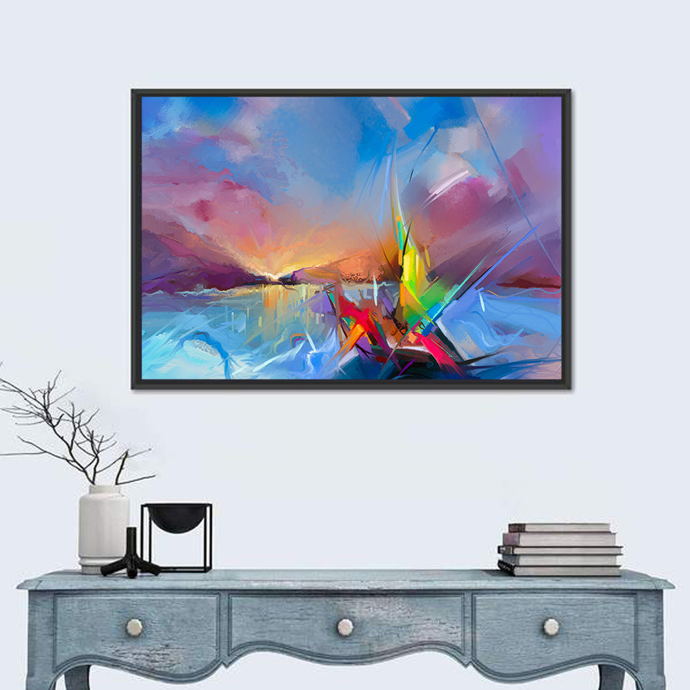 Radiant Sunset Sailboat Painting Wall Art in a room, landscape