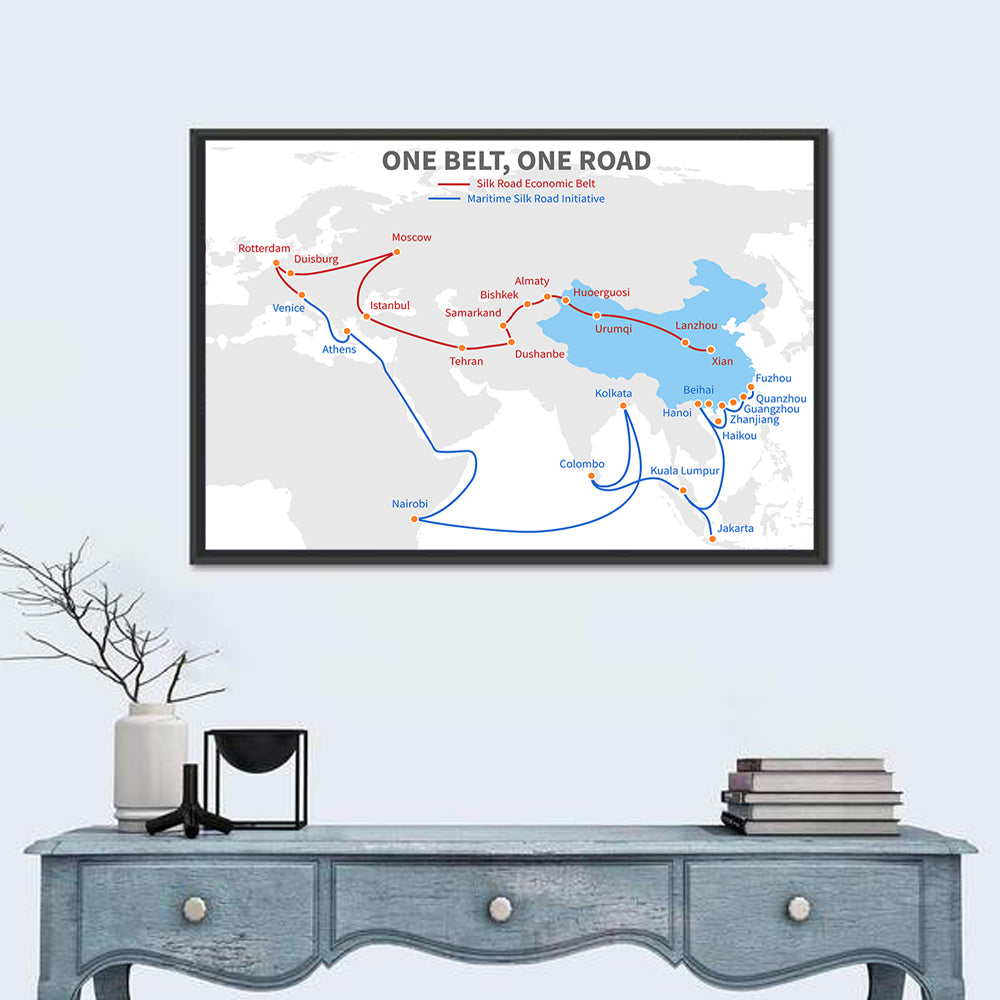 Modern Silk Road Map Wall Art in a room, landscape