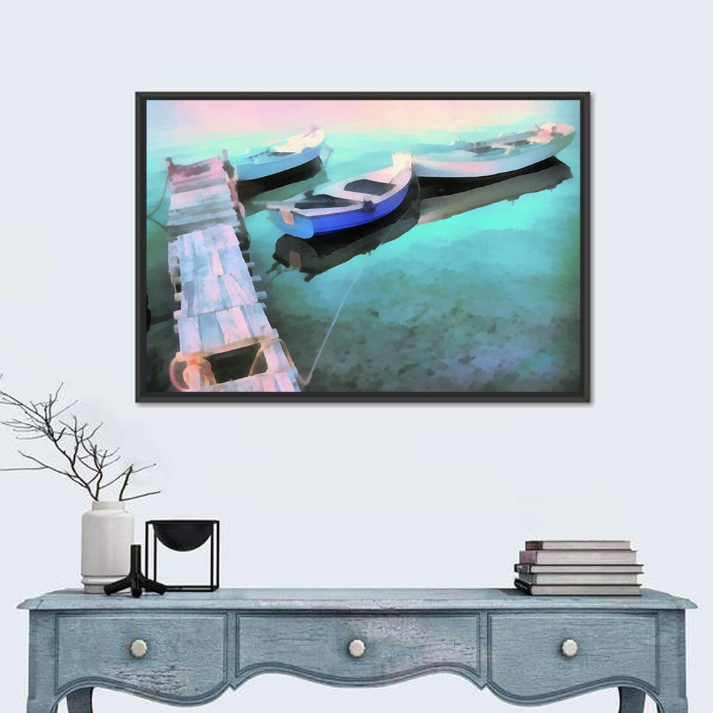 Two Boats by a Wooden Dock Wall Art in a room, landscape