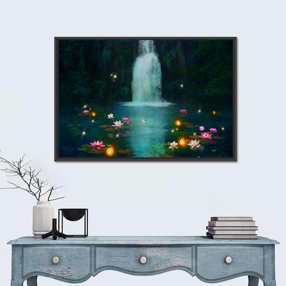 Moonlit Lotus Pond and Waterfall Wall Art