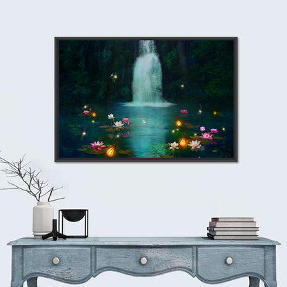 Moonlit Lotus Pond and Waterfall Wall Art