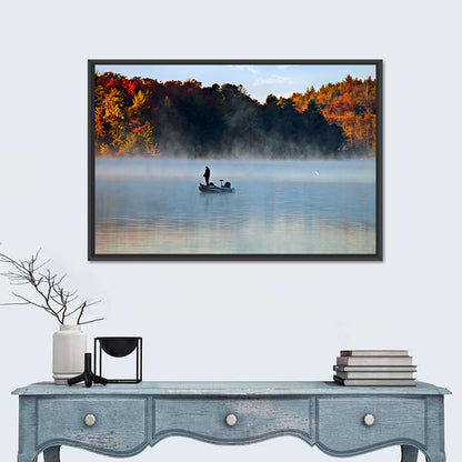 Misty Lake Fisherman Silhouette Wall Art