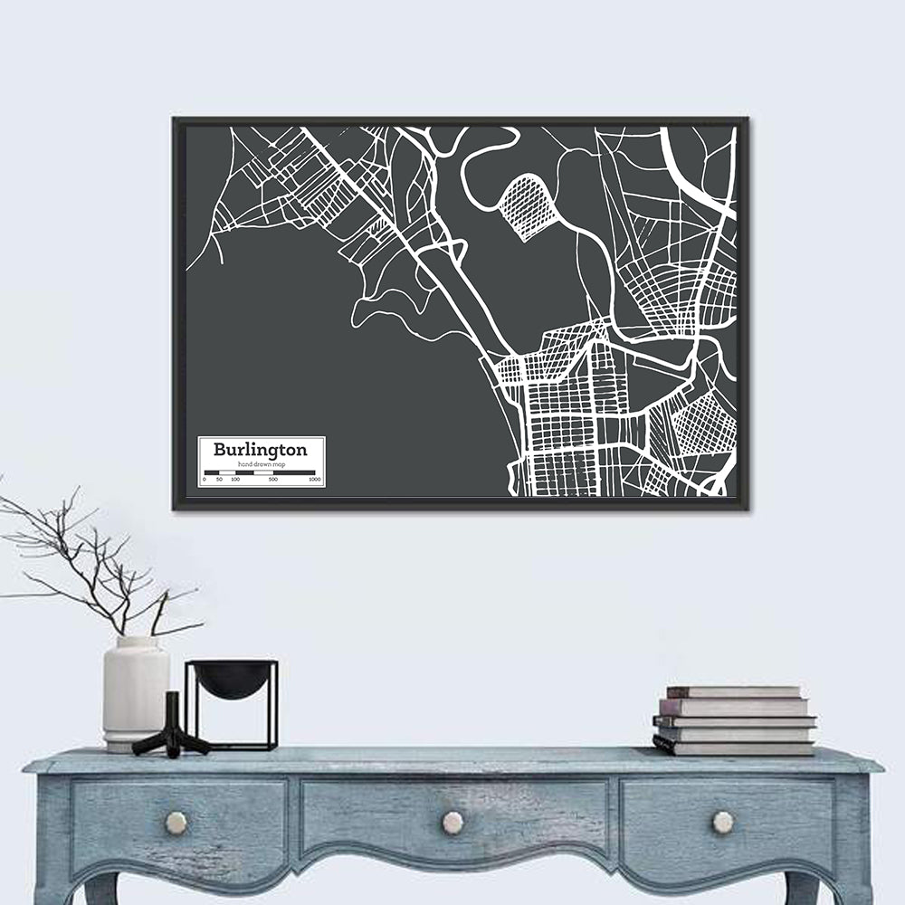 Burlington Vermont Street Grid Map Wall Art in a room, landscape