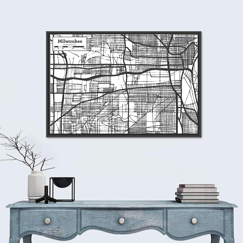 Hand-drawn Milwaukee City Map Wall Art in a room, landscape