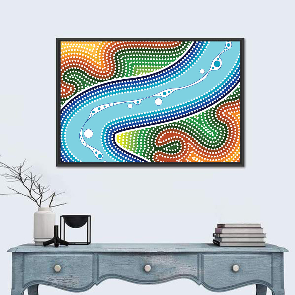 Aboriginal River Dot Wall Art in a room, landscape