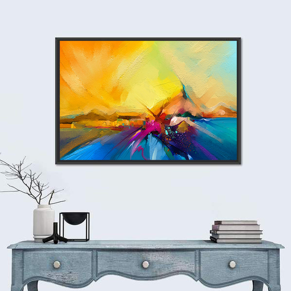 Diagonal Seascape Sunset Wall Art in a room, landscape