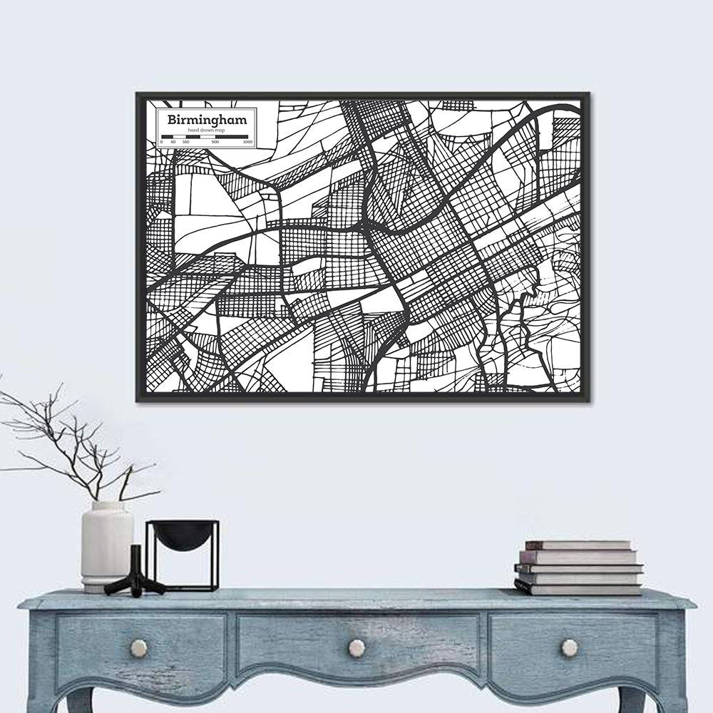 Birmingham Black and White City Map Wall Art