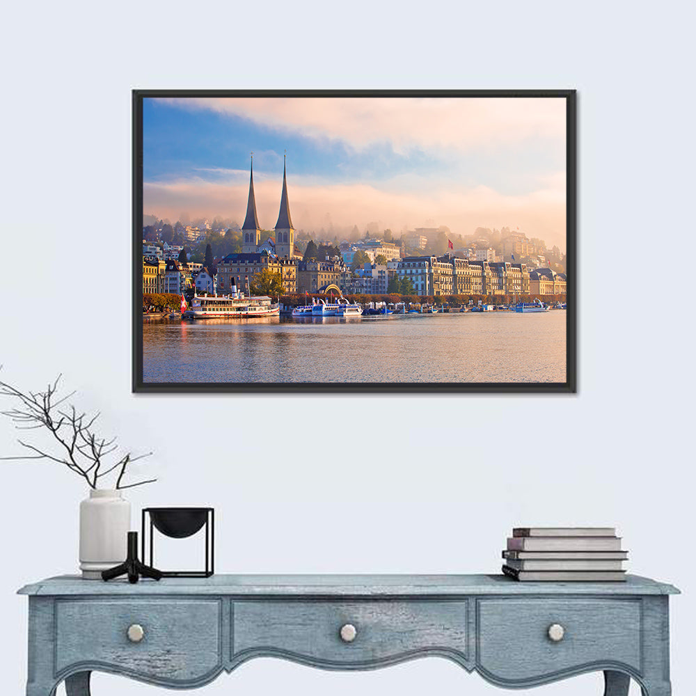 Hofkirche Lucerne Morning Reflection Wall Art in a room, landscape