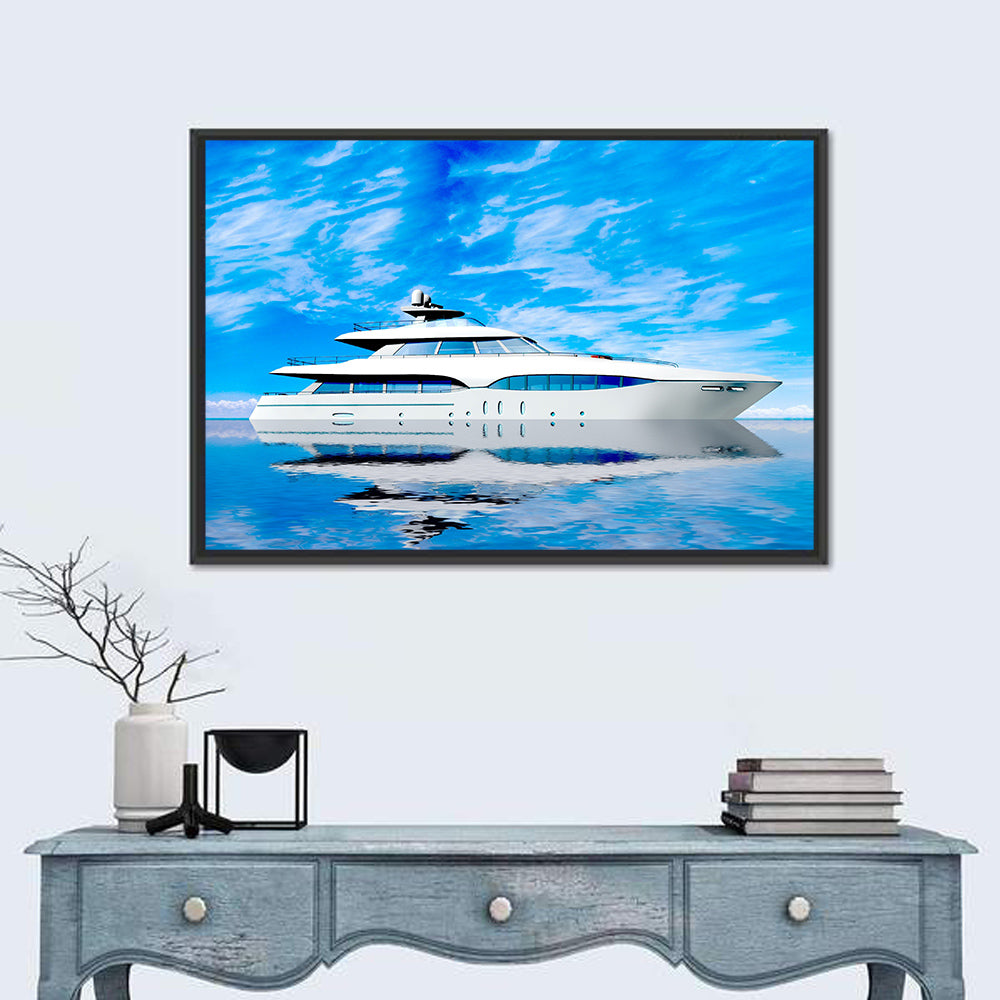 Blue Yacht Reflection Wall Art in a room, landscape