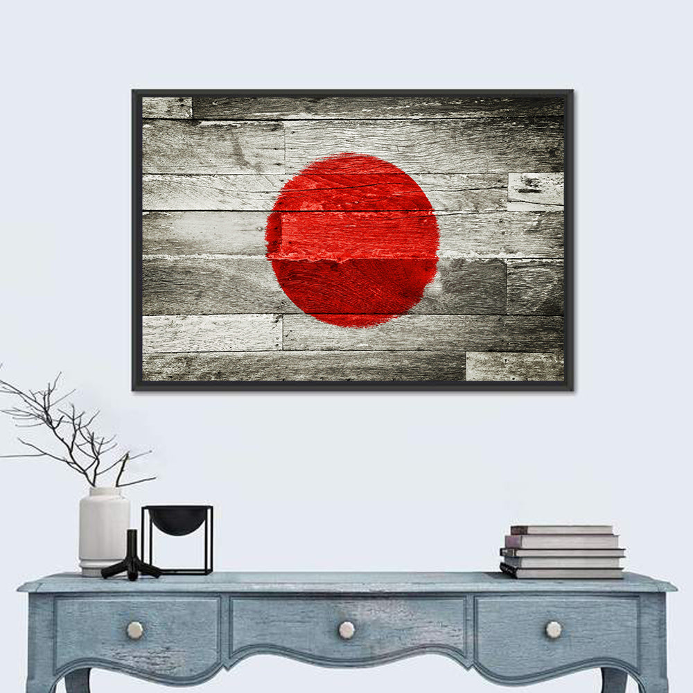 Japanese Flag on Distressed Wood Wall Art in a room, landscape