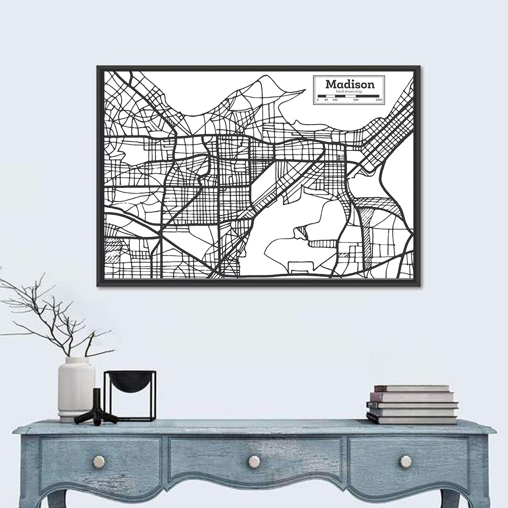 Hand Drawn Madison City Map Wall Art in a room, landscape