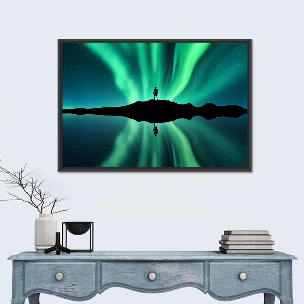 Northern Lights Over Mountain Lake, Norway Wall Art in a room, landscape
