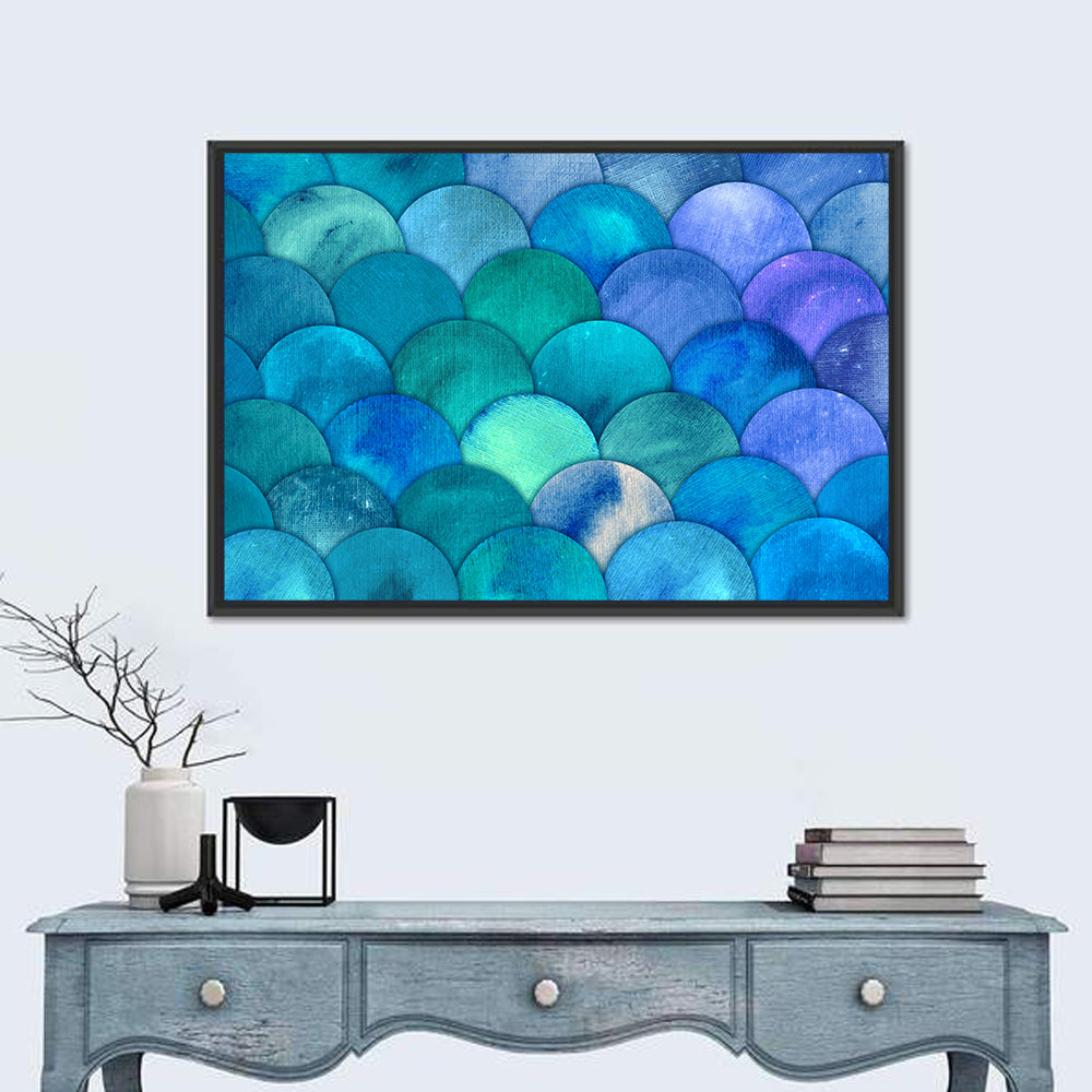 Blue Reptilian Scale Pattern Wall Art in a room, landscape
