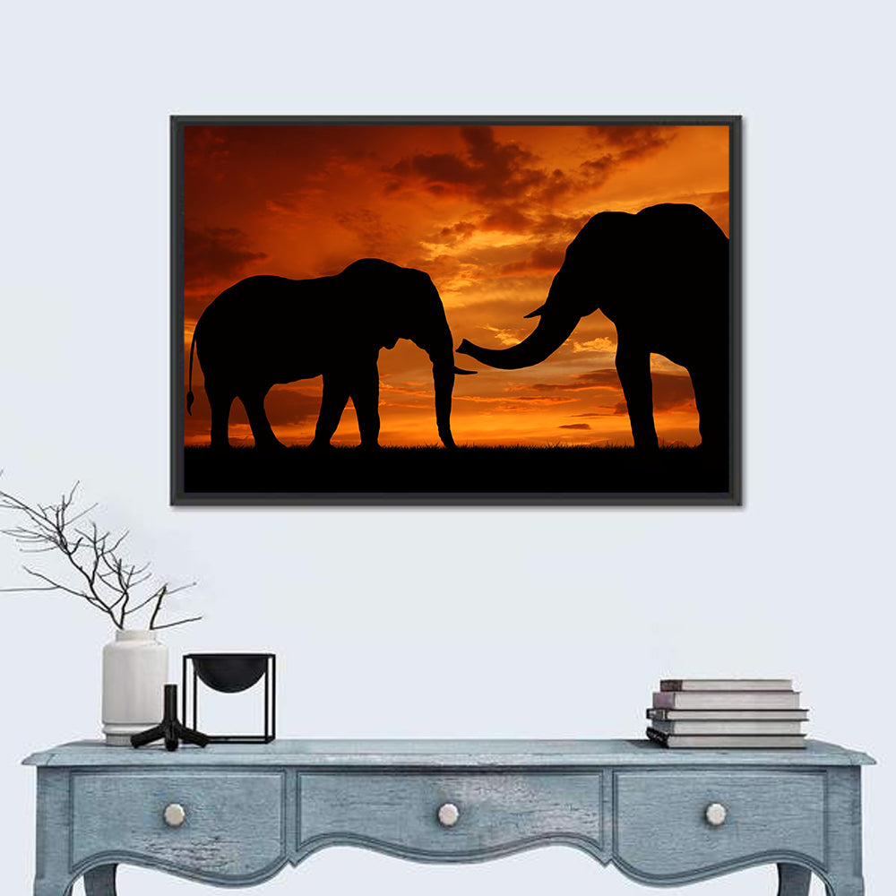 Elephants at Golden Sunset Wall Art in a room, landscape