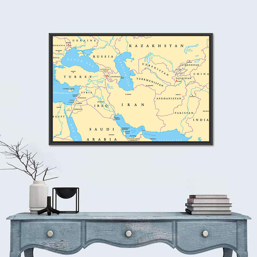 Southwest Asia Political Map, Cartographic Wall Art in a room, landscape