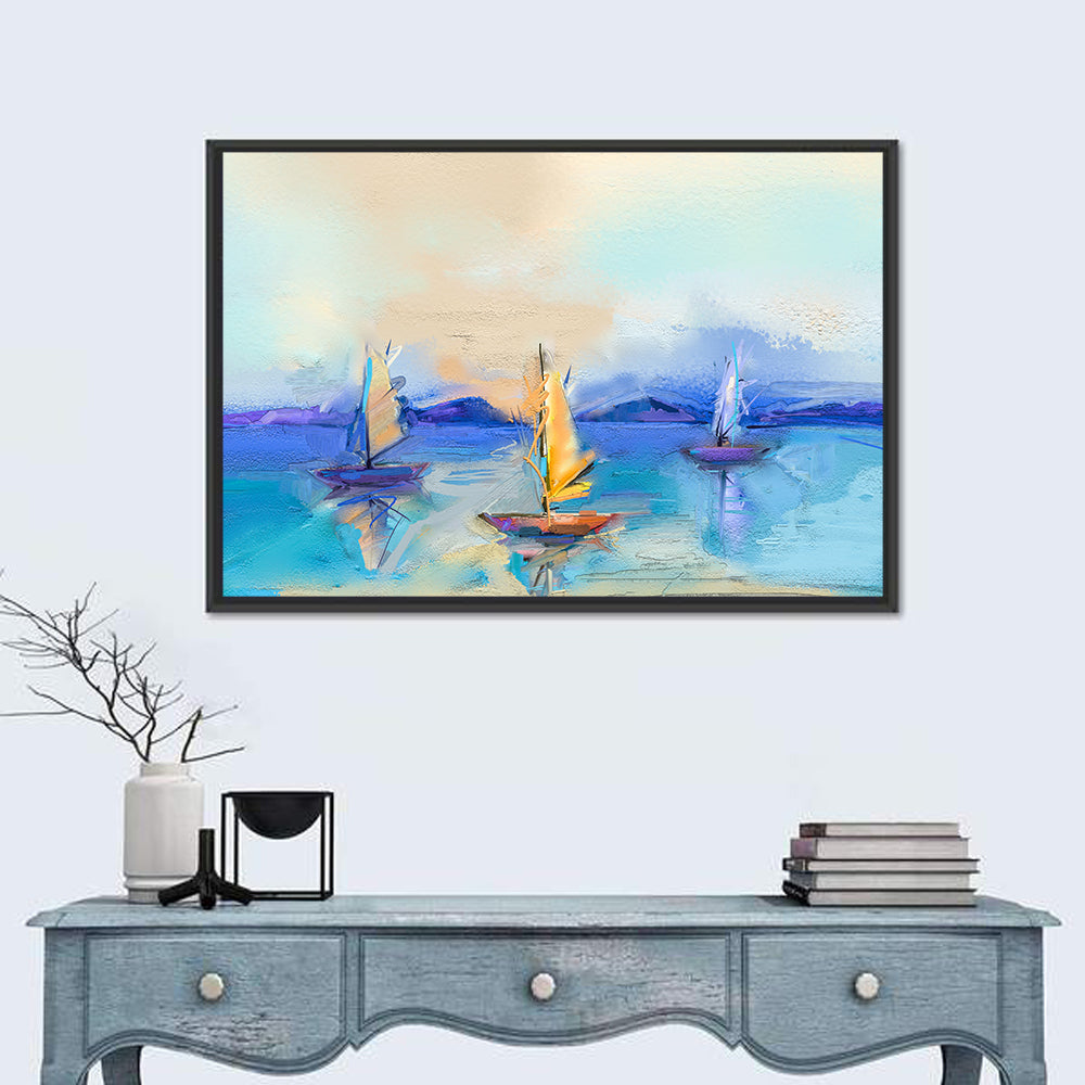 Three Sailboats at Sunset Wall Art in a room, landscape