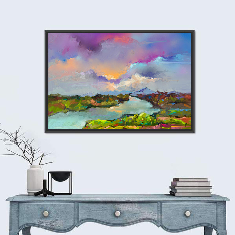 Sunset River and Meadow Abstraction Wall Art in a room, landscape
