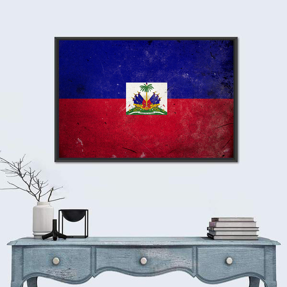 Haitian Flag with Distressed Emblem Wall Art in a room, landscape
