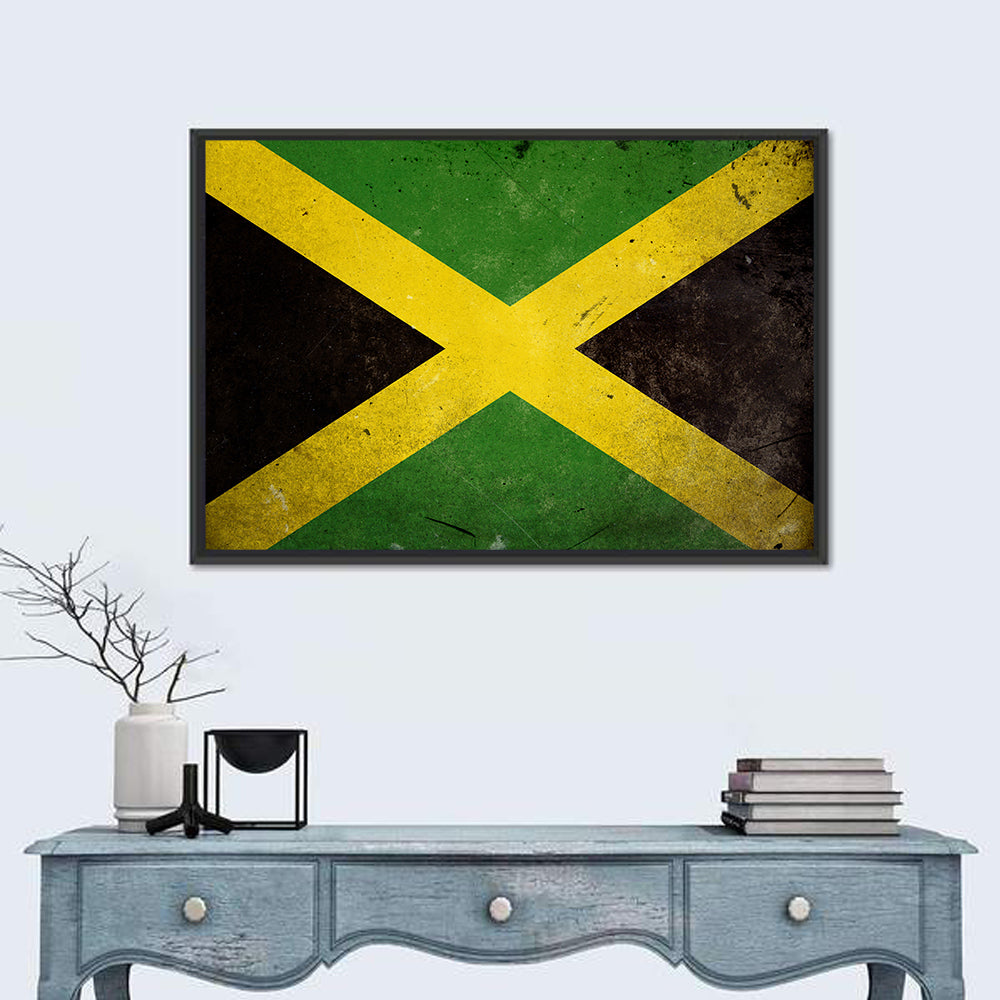 Distressed Jamaican Flag Wall Art in a room, landscape