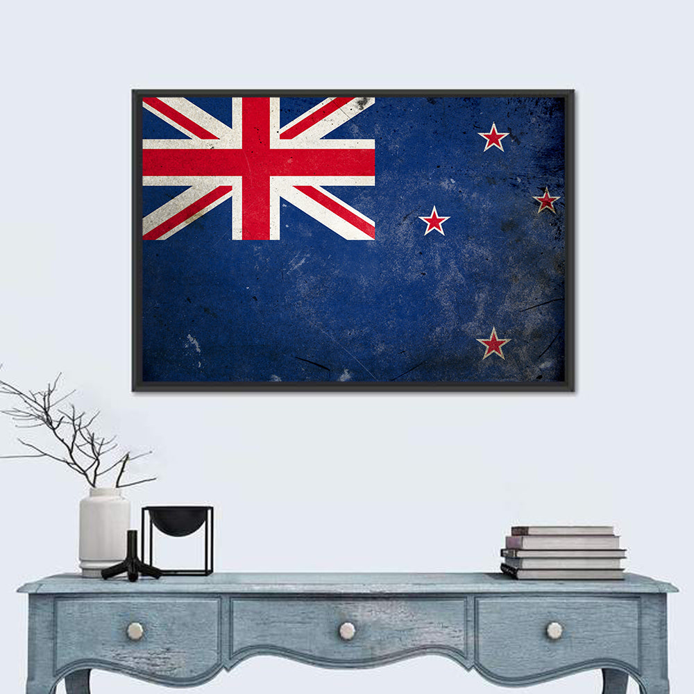 Vintage New Zealand Flag Wall Art in a room, landscape