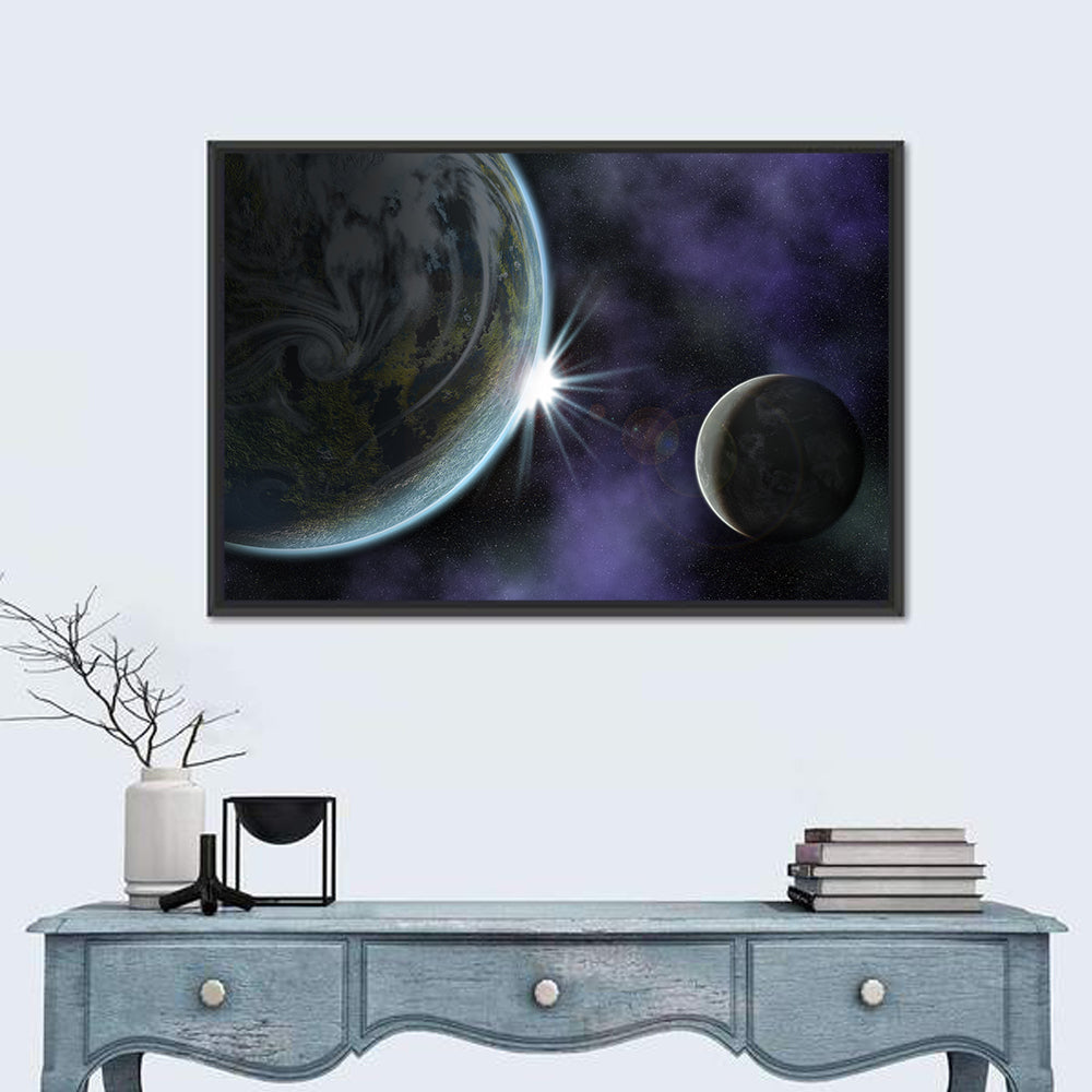 Twin Planets Sunrise Wall Art in a room, landscape