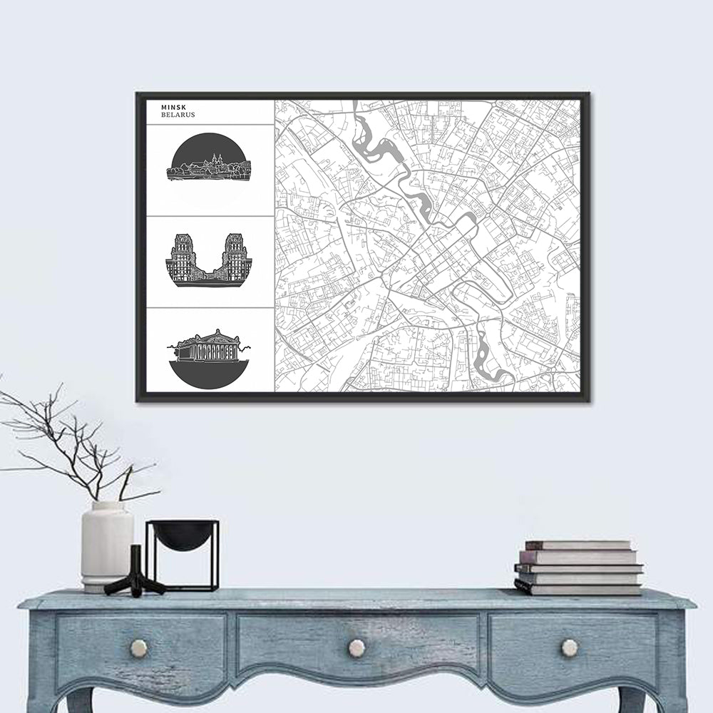 Minsk Map with Architectural Vignettes Wall Art