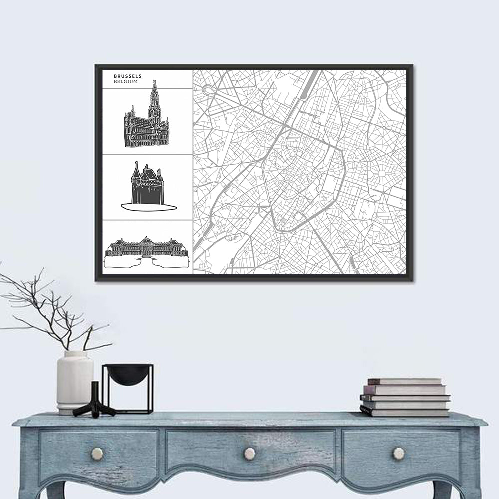 Brussels Map with Architectural Icons Wall Art