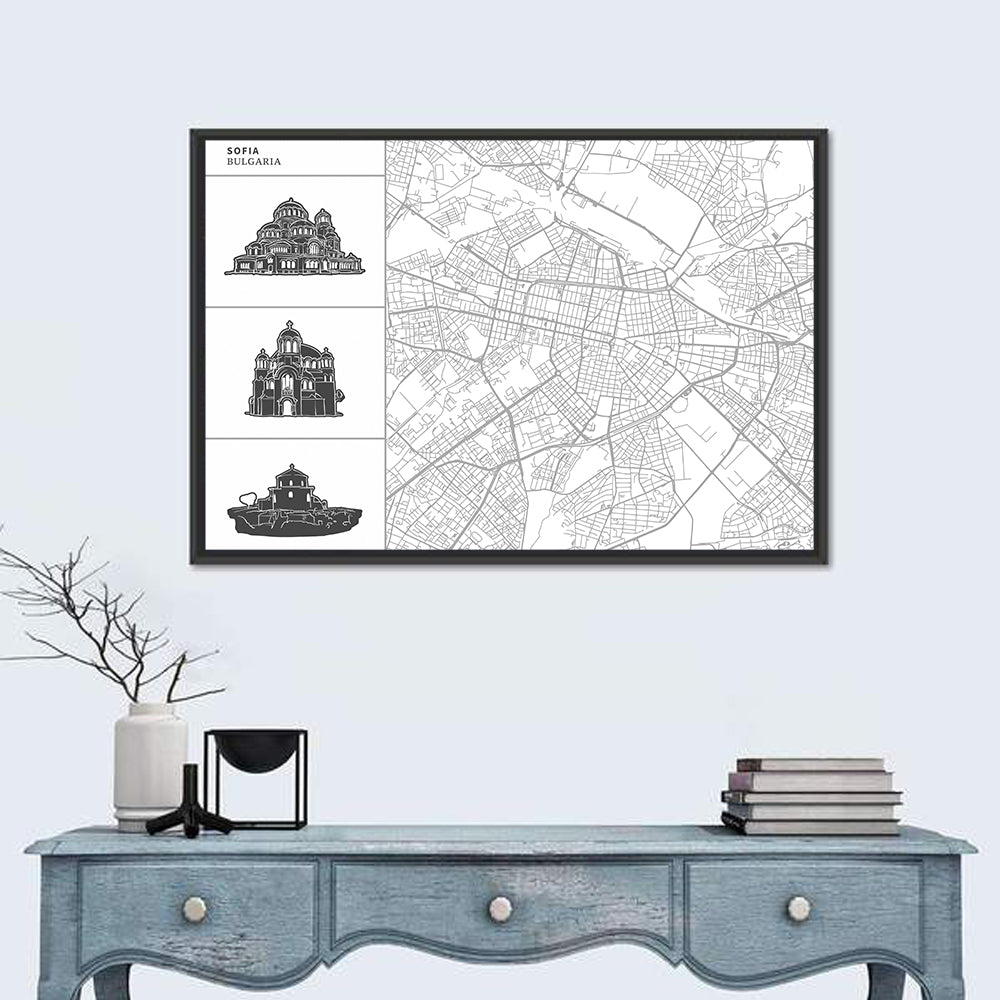 Sofia Map with Cathedral Illustrations Wall Art in a room, landscape