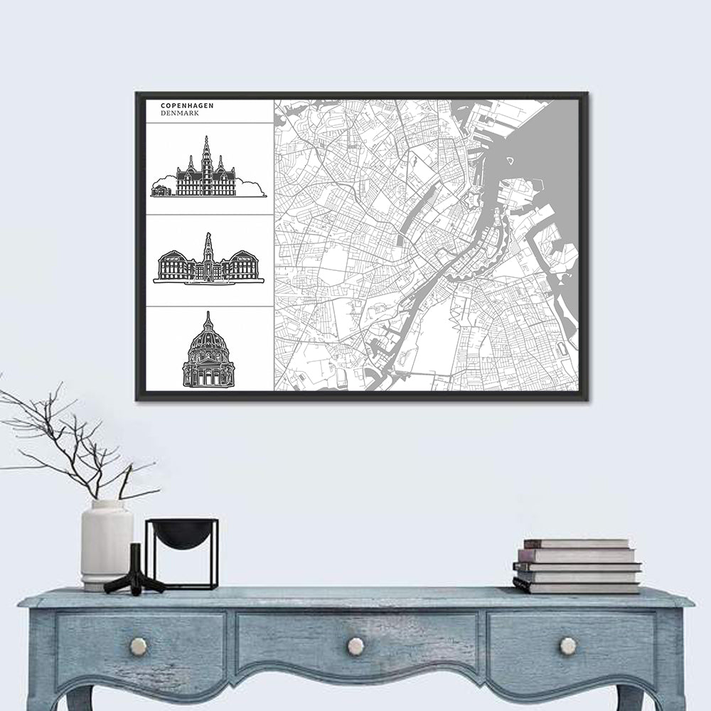 Copenhagen Map with Architectural Silhouettes Wall Art in a room, landscape