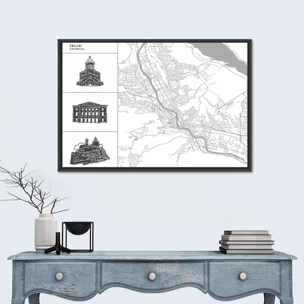 Tbilisi Map with Architectural Sidebar Wall Art in a room, landscape