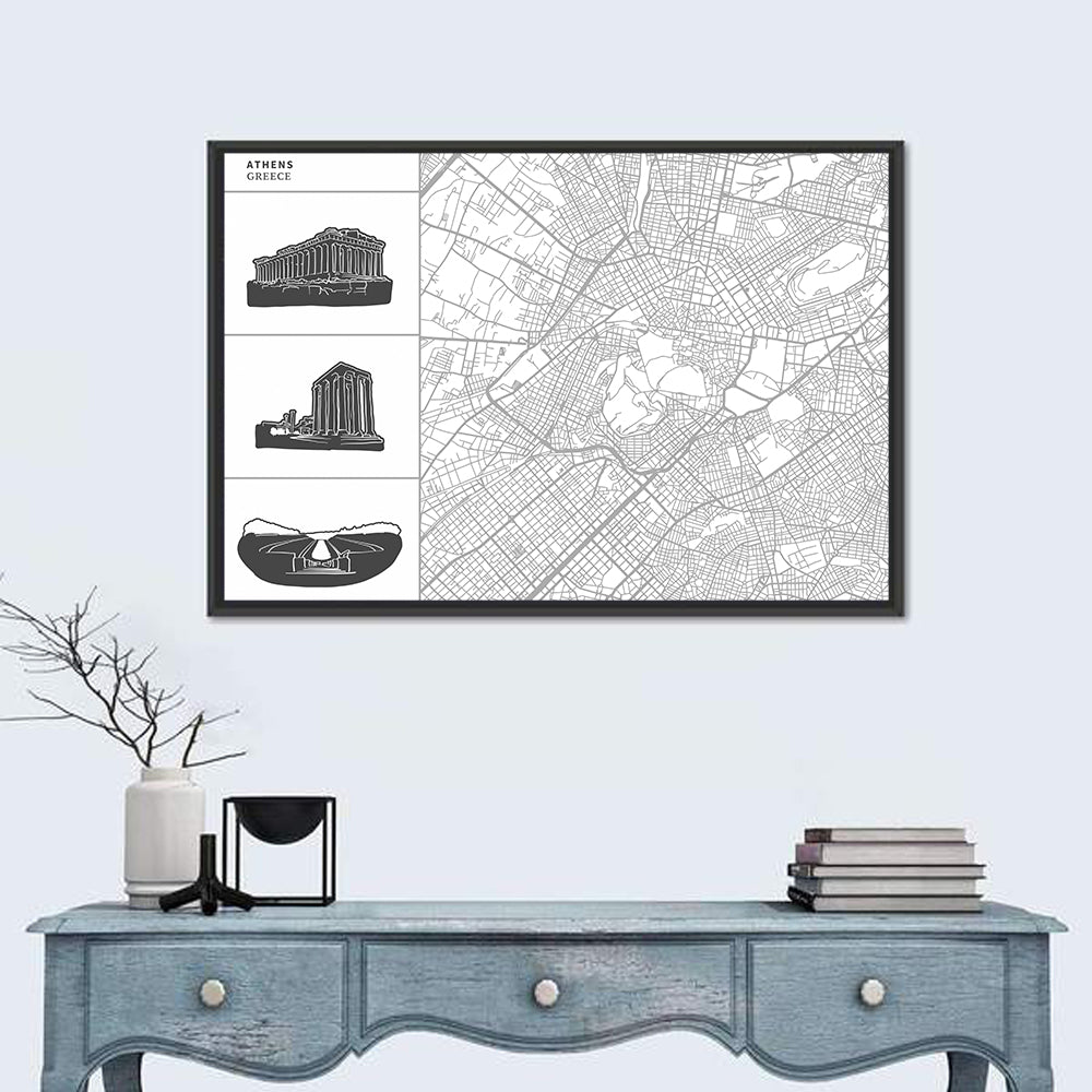 Athens Map with Parthenon Icons Wall Art
